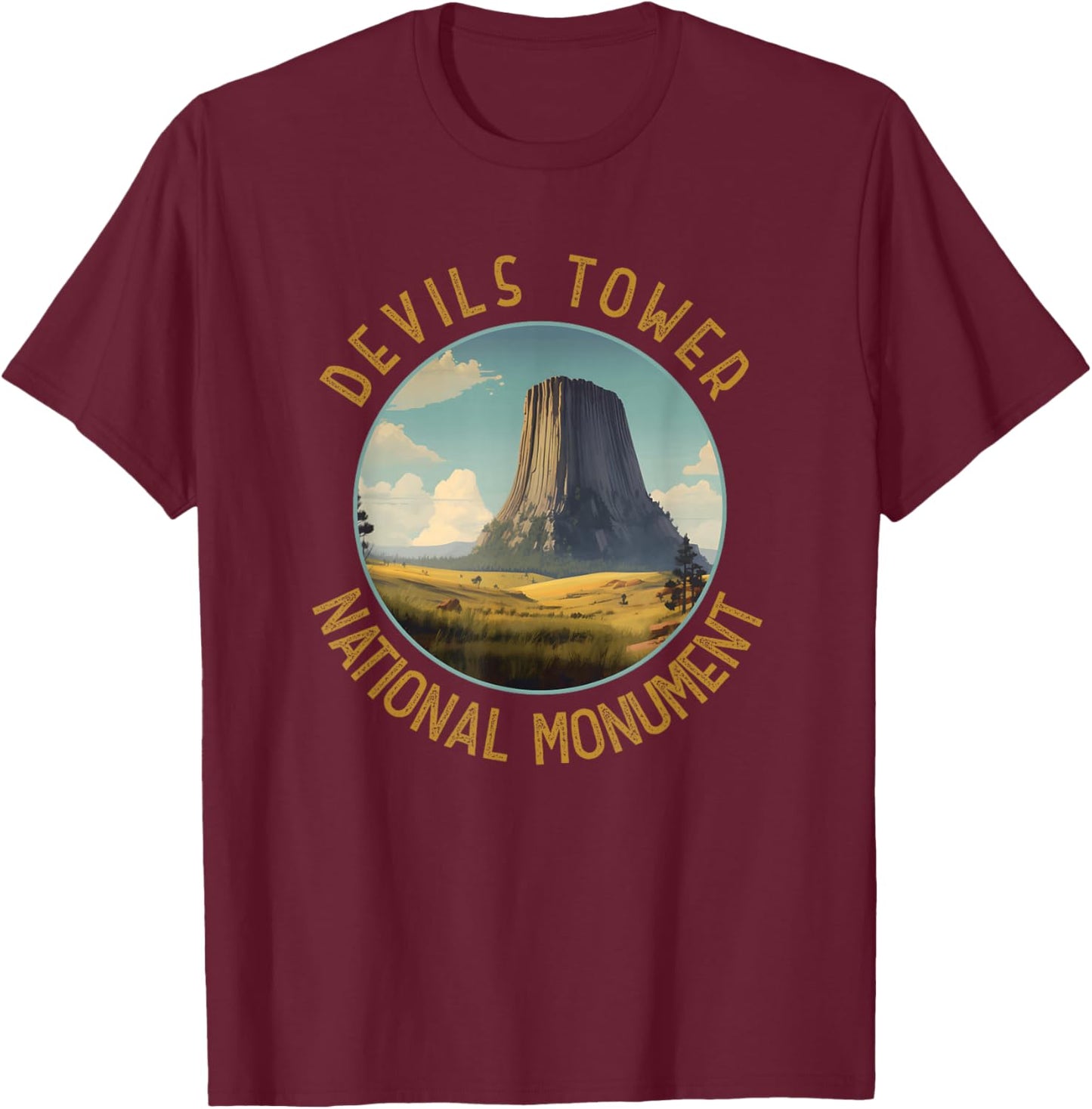 Devils Tower National Monument Distressed Circle T-Shirt - T-Shirt | Maroon
