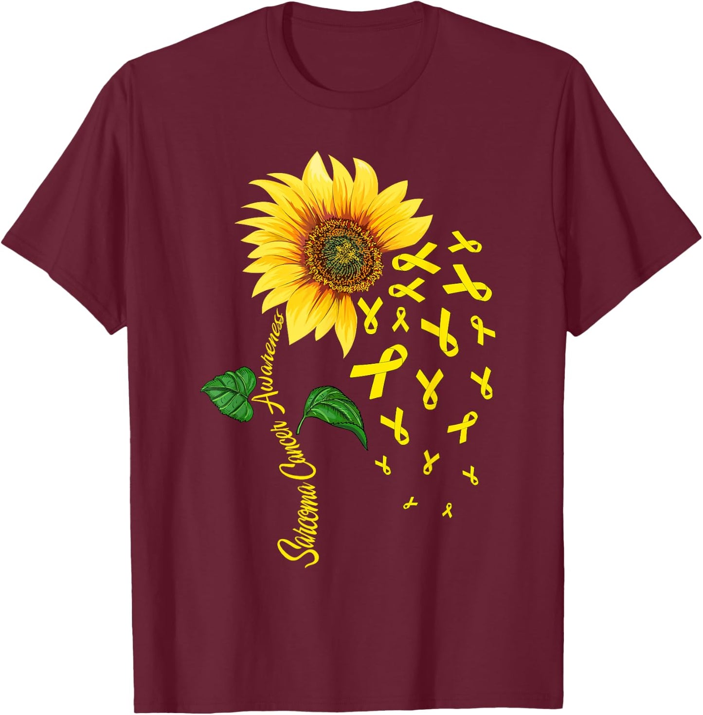 Sunflower Yellow Ribbon Sarcoma Cancer Awareness Day Fighter T-Shirt - T-Shirt | Maroon