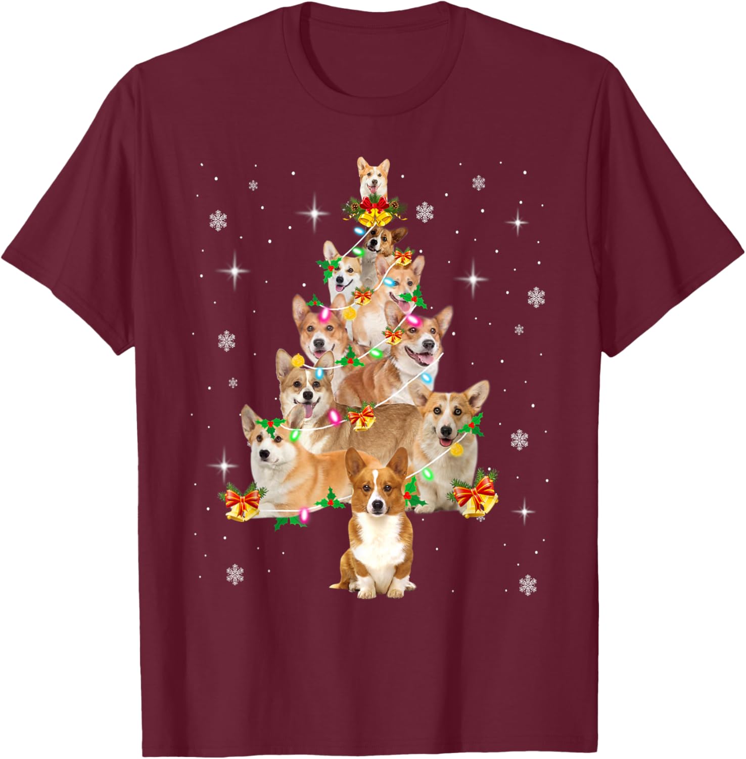 Pembroke Welsh Corgi Christmas Tree Lights Xmas Pajama Dog Men Women Kids T-Shirt - T-Shirt | Maroon