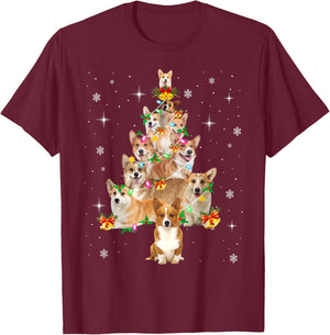 Pembroke Welsh Corgi Christmas Tree Lights Xmas Pajama Dog Men Women Kids T-Shirt - T-Shirt | Maroon
