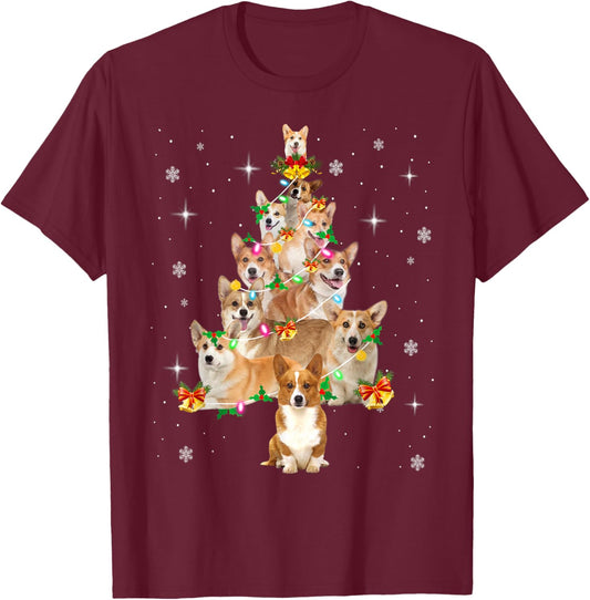Pembroke Welsh Corgi Christmas Tree Lights Xmas Pajama Dog Men Women Kids T-Shirt - T-Shirt | Maroon