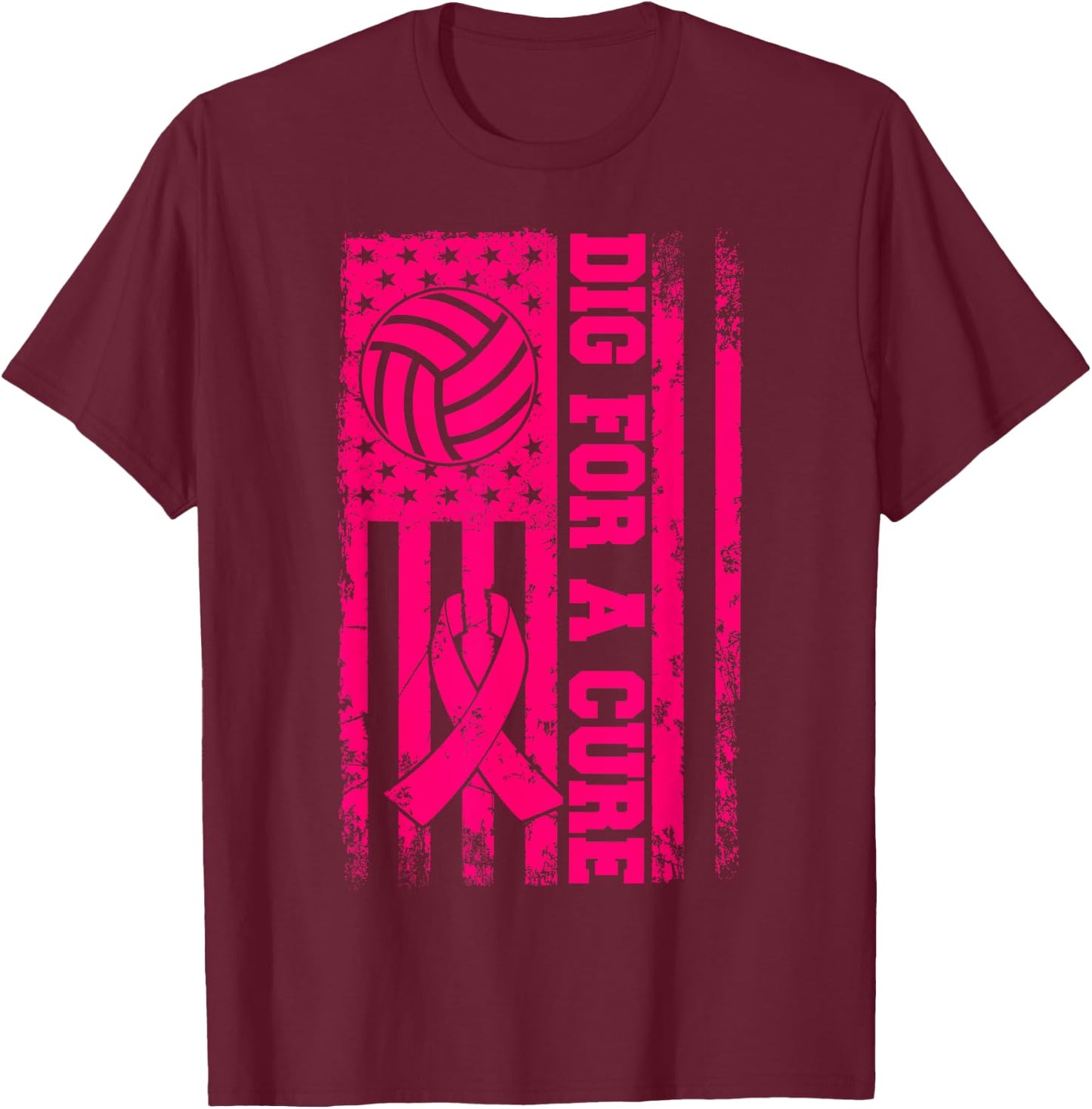 Dig For A Cure Breast Cancer Volleyball Pink American Flag T-Shirt - T-Shirt | Maroon