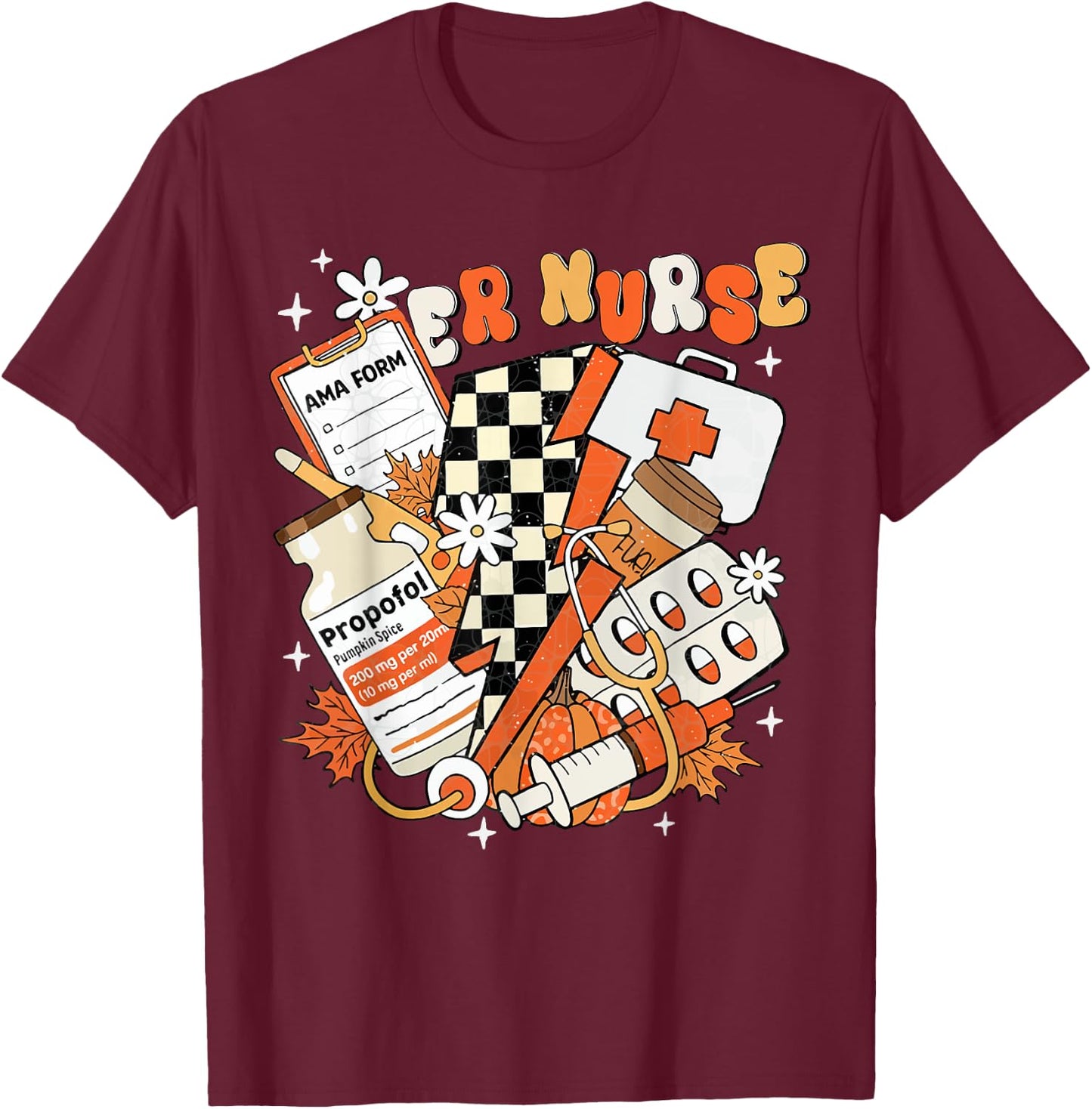 ER nurse Thanksgiving Autumn Fall groovy Emergency nurse T-Shirt - T-Shirt | Maroon
