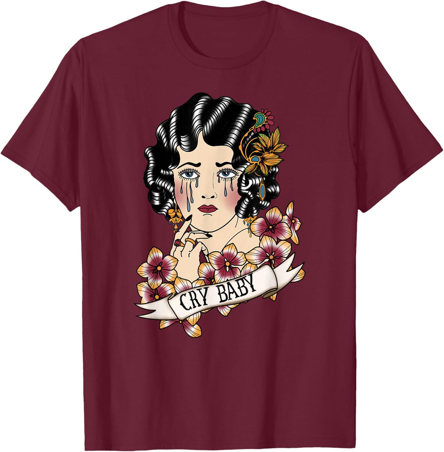 Cry Baby American Traditional, Old School Lady Tattoo T-Shirt - T-Shirt | Maroon