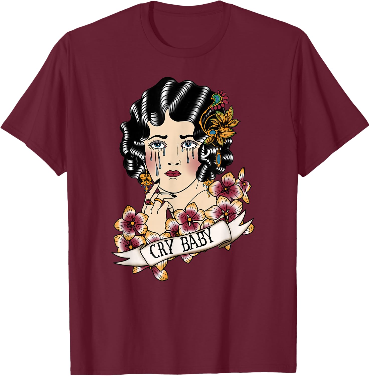 Cry Baby American Traditional, Old School Lady Tattoo T-Shirt - T-Shirt | Maroon