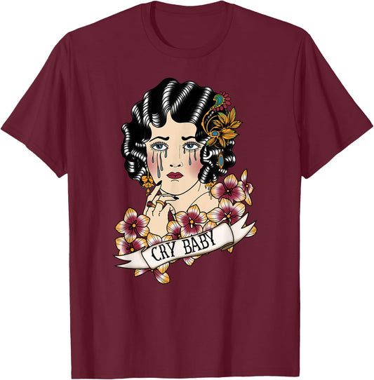 Cry Baby American Traditional, Old School Lady Tattoo T-Shirt - T-Shirt | Maroon