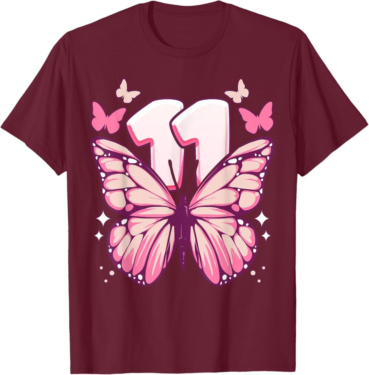 Birthday Girl 11 Years Butterflies and Number 11 T-Shirt - T-Shirt | Maroon