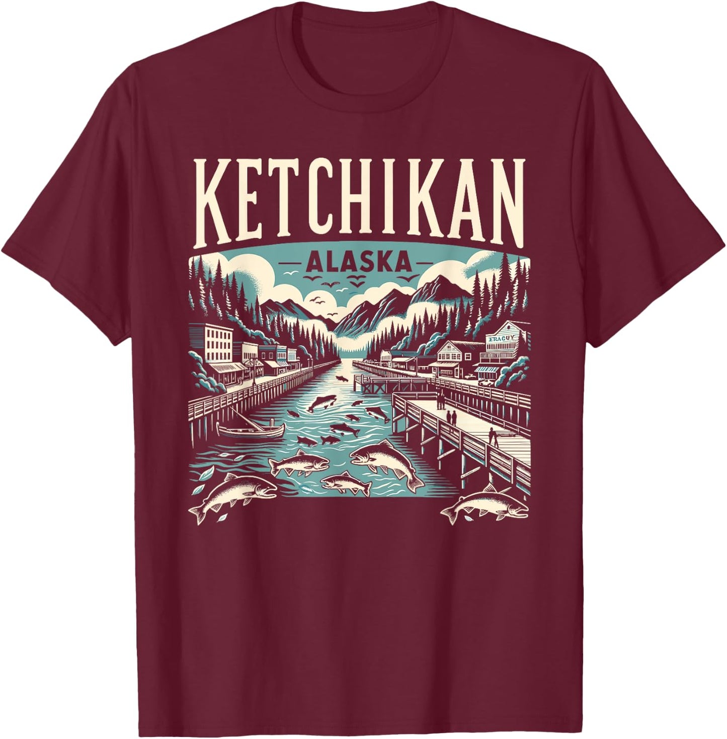 Ketchikan Alaska AK Vintage Graphic Salmon Capital Fishing T-Shirt - T-Shirt | Maroon