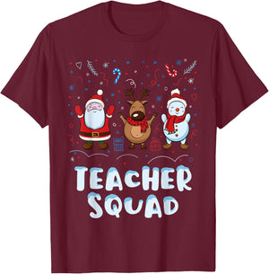 Christmas Teacher Squad Xmas Teacher Reindeer Santa Snowman T-Shirt - T-Shirt | Maroon
