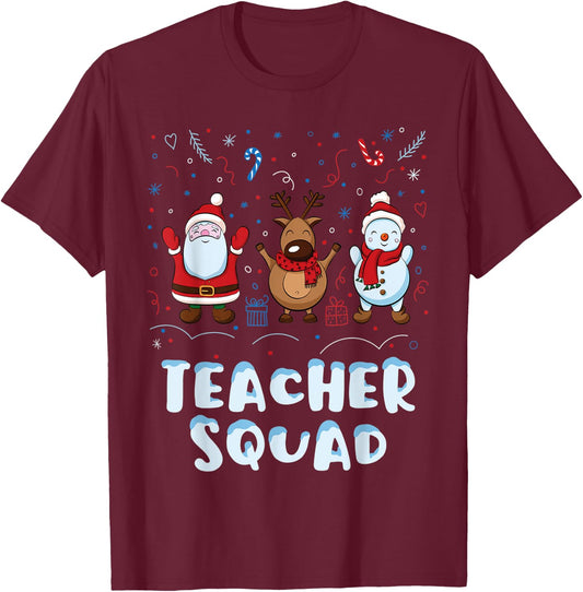 Christmas Teacher Squad Xmas Teacher Reindeer Santa Snowman T-Shirt - T-Shirt | Maroon