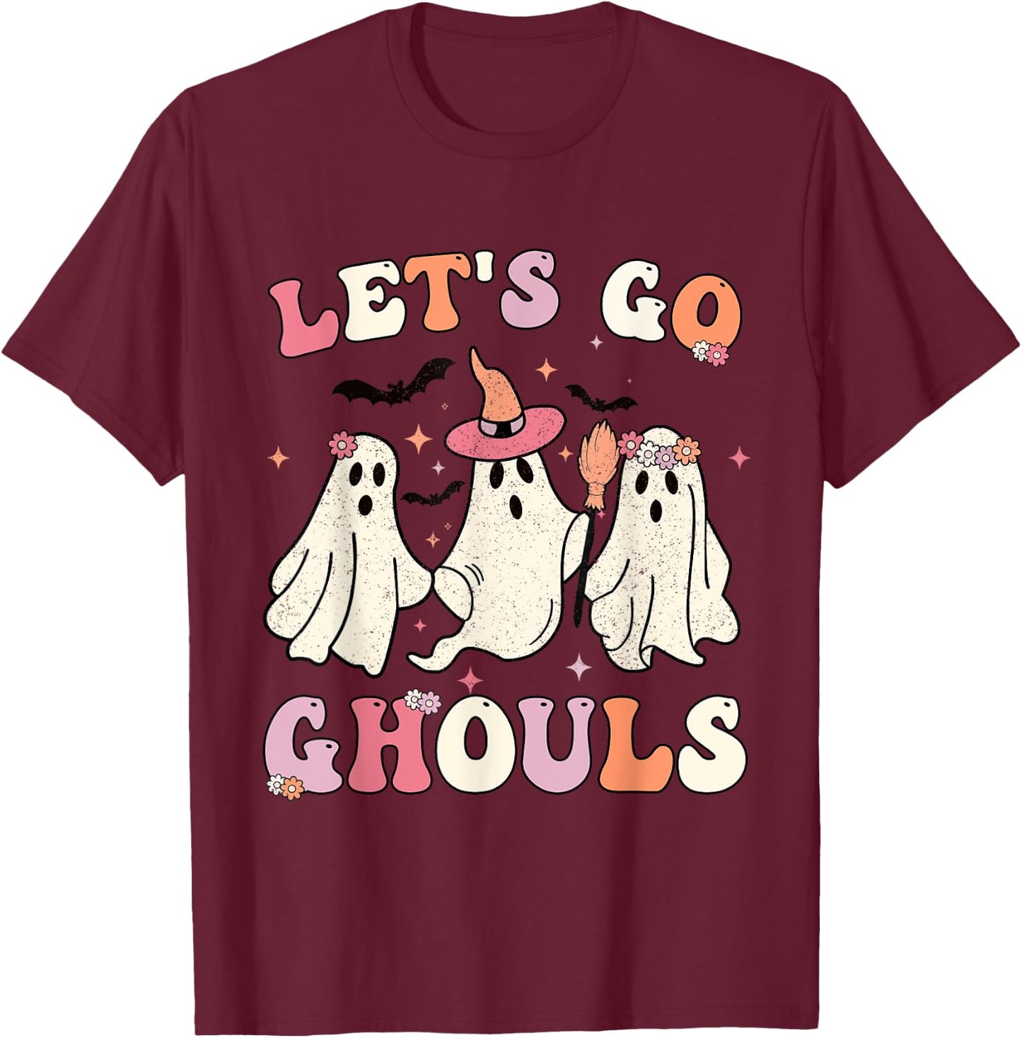 Retro Groovy Let's Go Ghouls Halloween Ghost Outfit Costumes T-Shirt - T-Shirt | Maroon