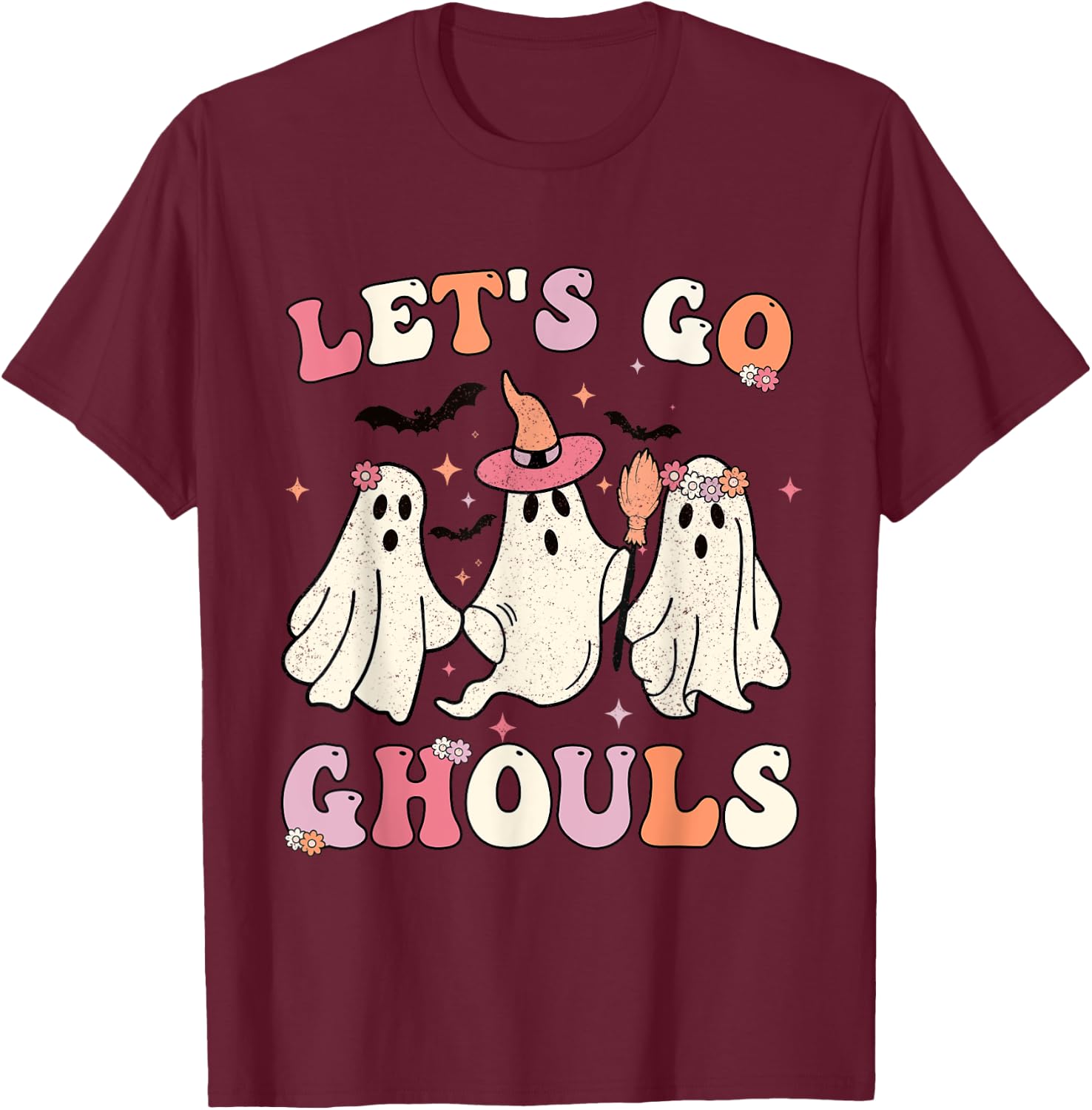 Retro Groovy Let's Go Ghouls Halloween Ghost Outfit Costumes T-Shirt - T-Shirt | Maroon