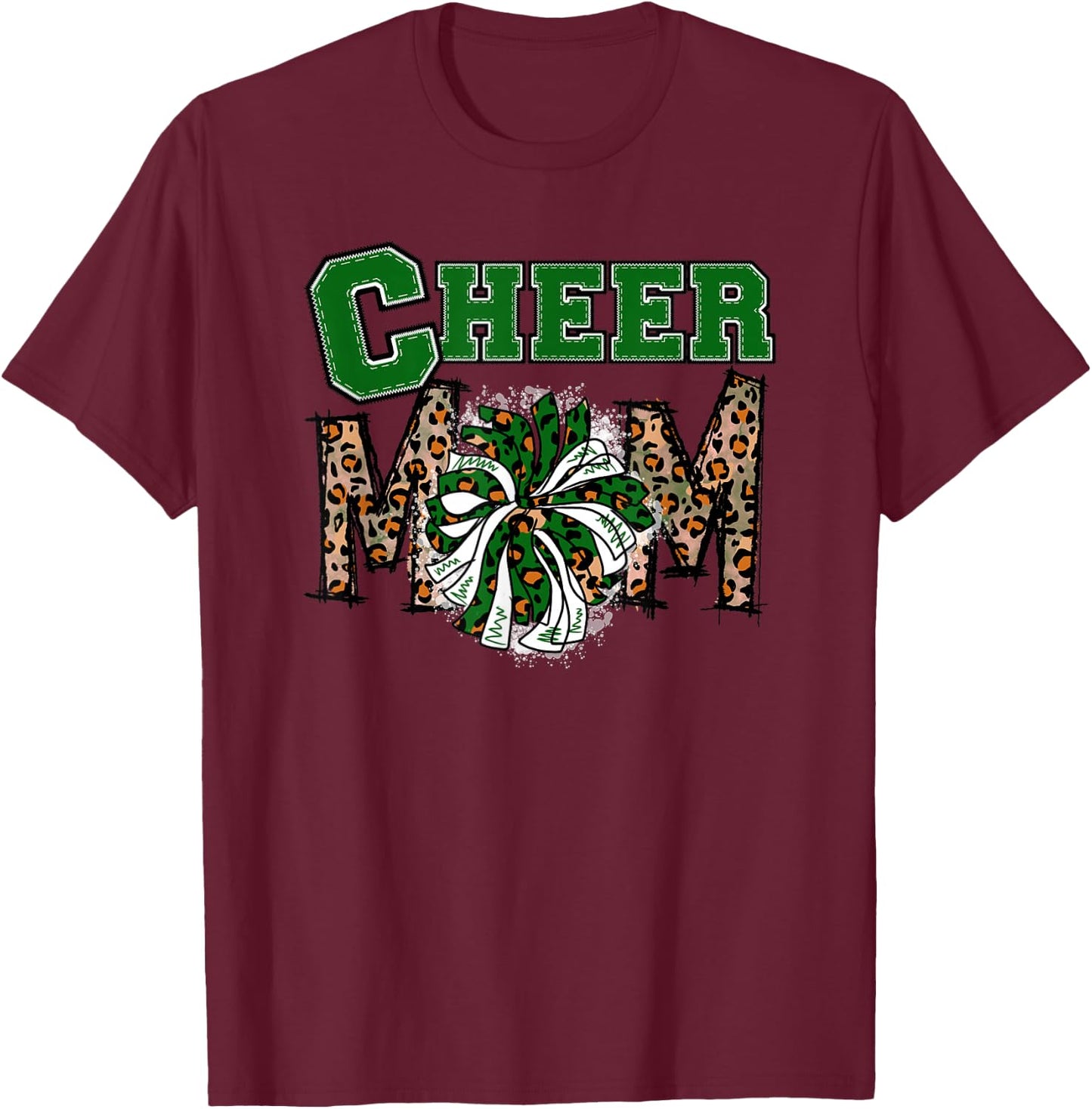Cheer Mom - Cute Leopard Letters - Green Team - Cheerleader T-Shirt - T-Shirt | Maroon