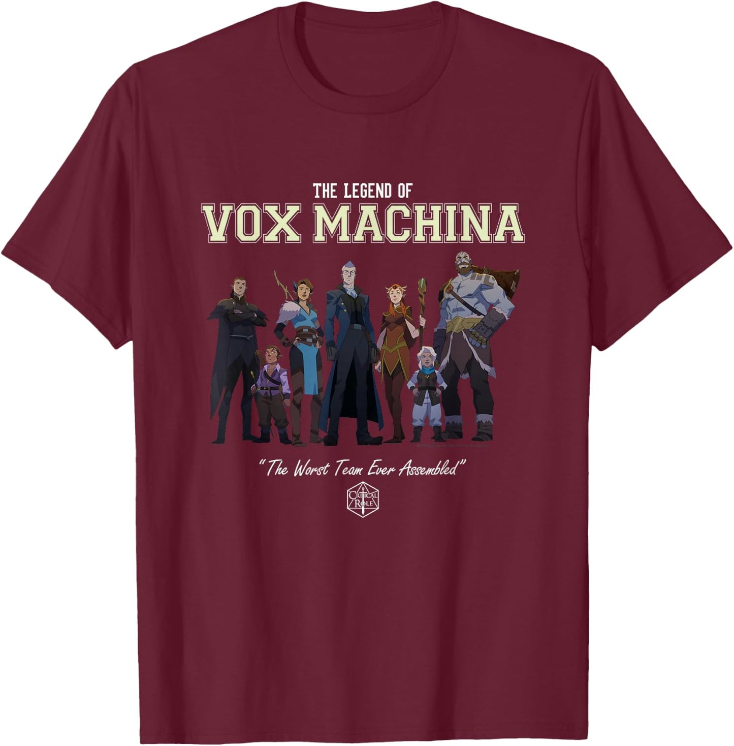 The Legend of Vox Machina Group with Varsity Logo Small T-Shirt - T-Shirt | Maroon