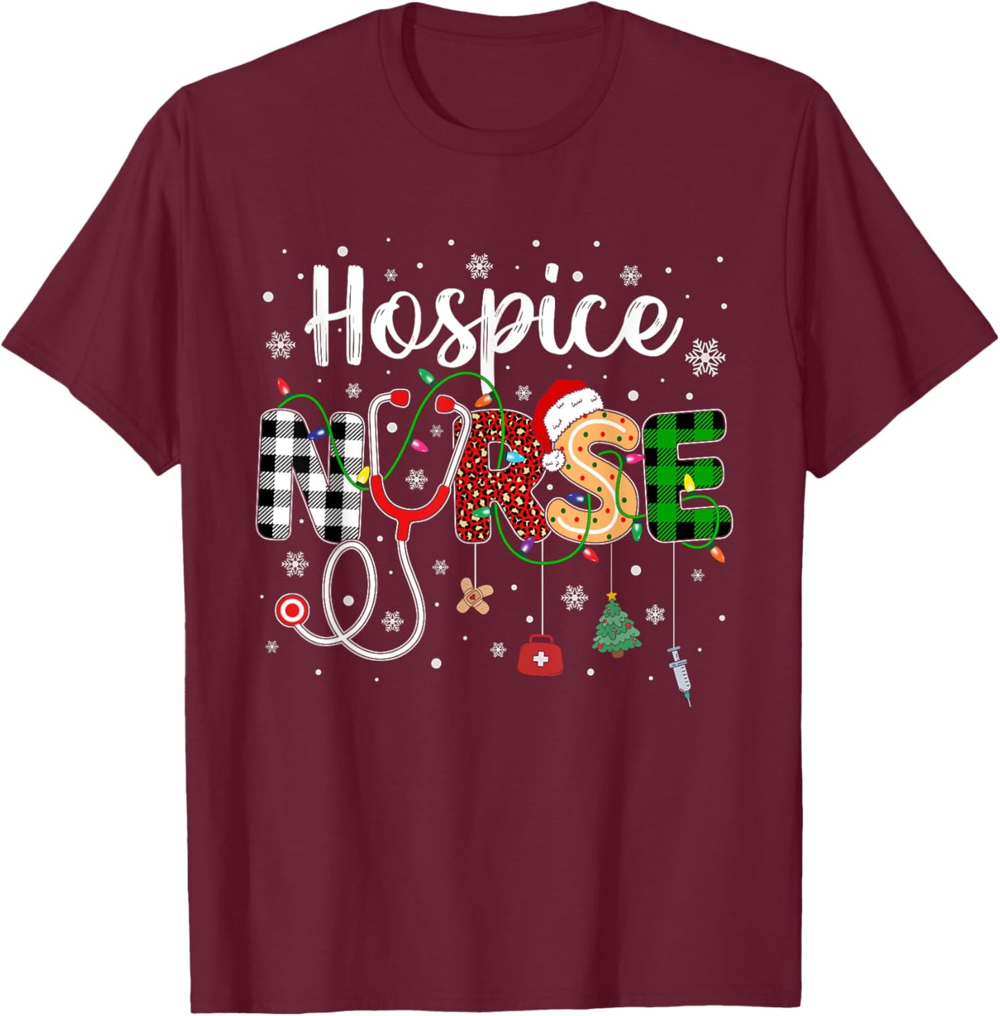 Hospice Nurse Xmas Santa Hat Nursing Christmas Pattern T-Shirt - T-Shirt | Maroon
