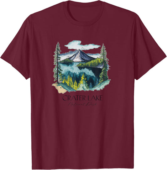 Cool Crater Lake National Park Hiking Watercolor Graphic T-Shirt - T-Shirt | Maroon