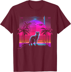 Cat Vaporwave Retrowave Aesthetic Synthwave 80s Palm Tree Women Kids T-Shirt - T-Shirt | Maroon