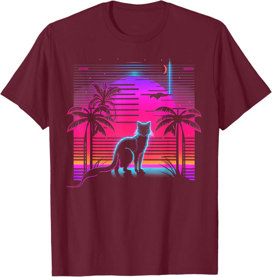 Cat Vaporwave Retrowave Aesthetic Synthwave 80s Palm Tree Women Kids T-Shirt - T-Shirt | Maroon