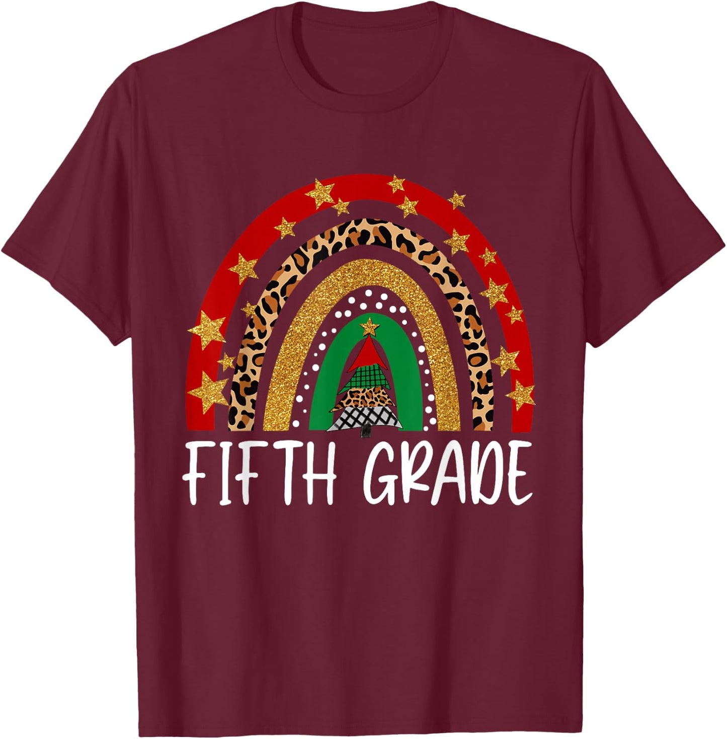 Fifth Grade Teacher Christmas Funny Rainbow Leopard Buffalo T-Shirt - T-Shirt | Maroon