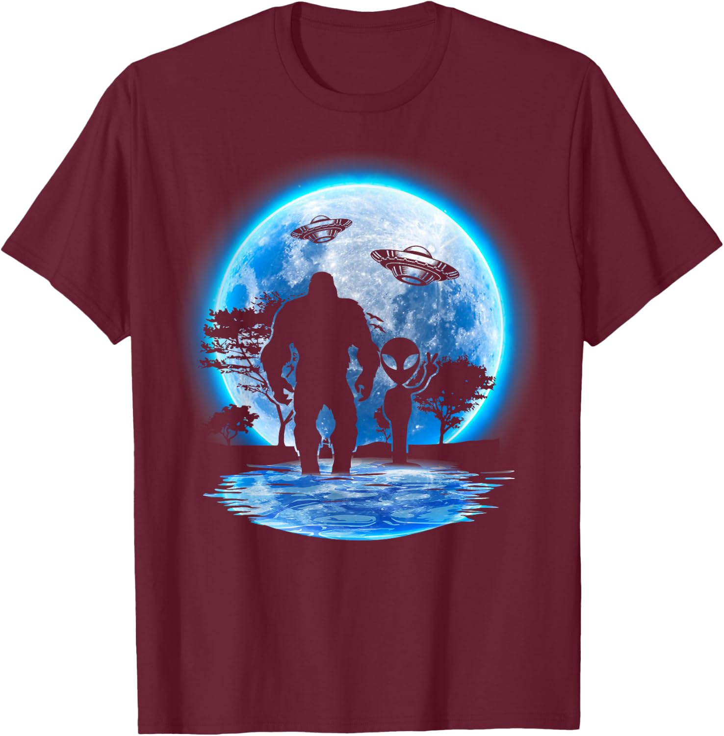 Alien & Bigfoot Moon Big Foot Sasquatch Gifts Women T-Shirt - T-Shirt | Maroon