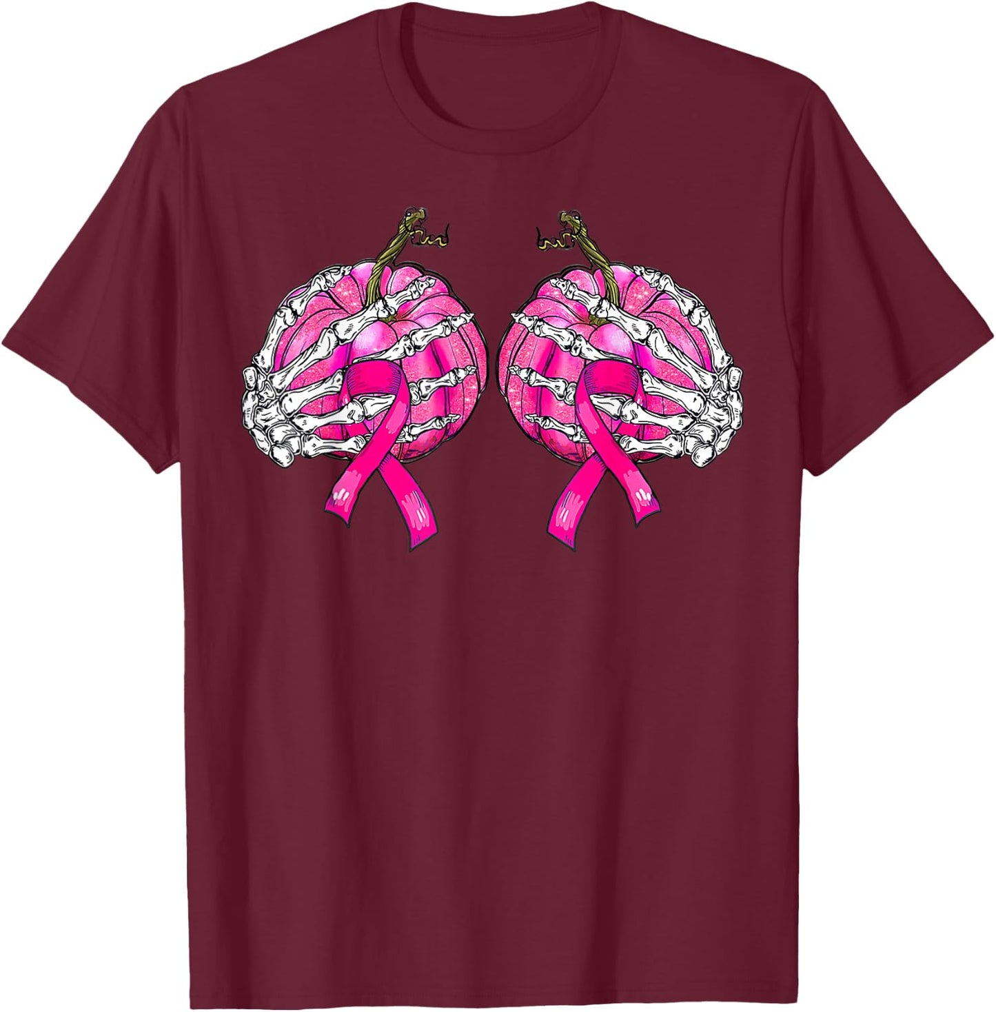 Skeleton Hand Boobs Pumpkin Breast Cancer Halloween Women T-Shirt - T-Shirt | Maroon