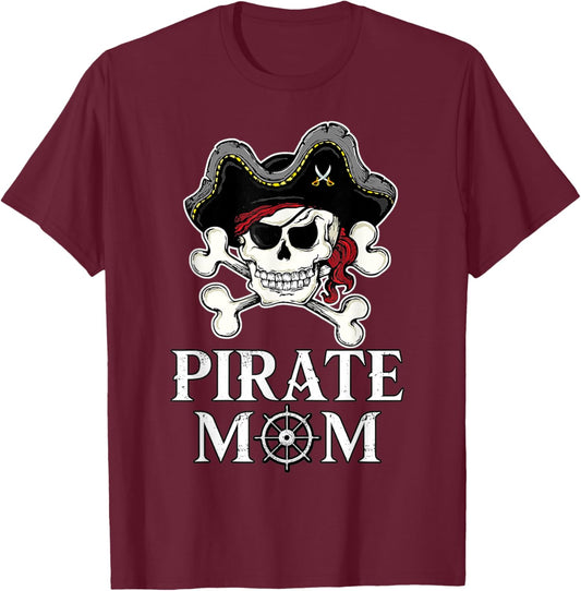 Pirate Mama Costume Jolly Roger Crossbones Funny Pirate Mom T-Shirt - T-Shirt | Maroon