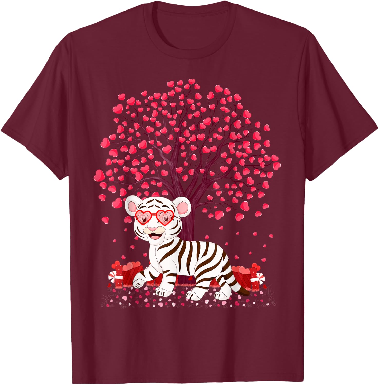 White Tiger Lover Heart Tree White Tiger Valentine's Day T-Shirt - T-Shirt | Maroon