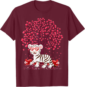 White Tiger Lover Heart Tree White Tiger Valentine's Day T-Shirt - T-Shirt | Maroon