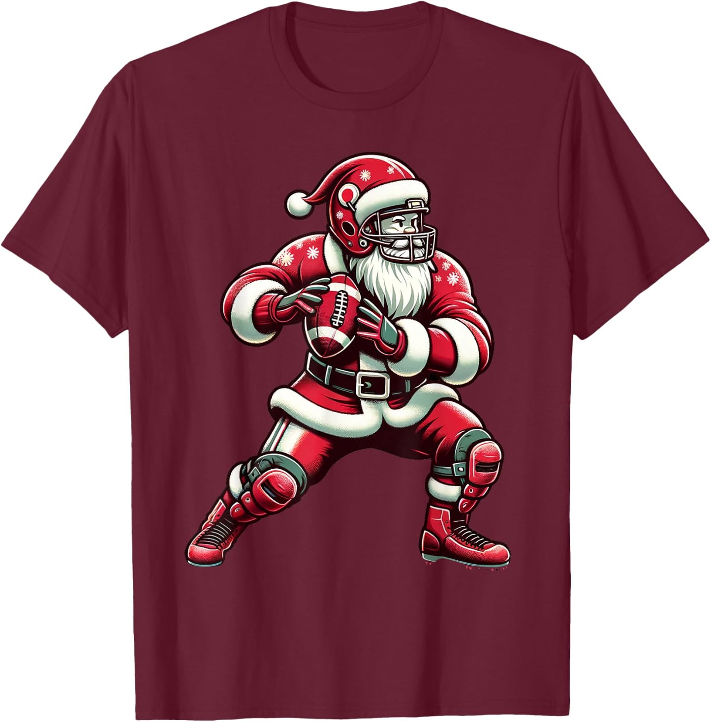 Santa Playing American Football Christmas Women Men Kids T-Shirt - T-Shirt | Maroon