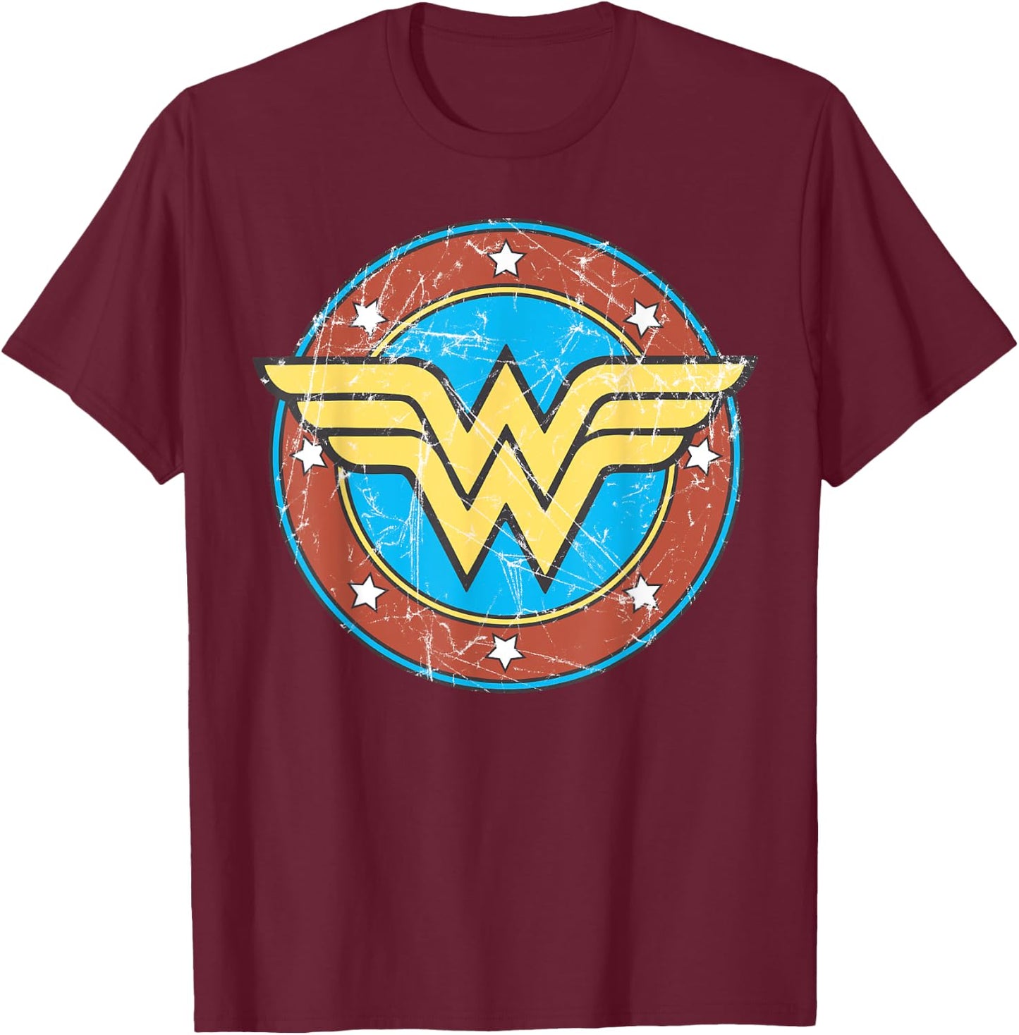 DC Wonder Woman Logo Circle Distressed T-Shirt - T-Shirt | Maroon