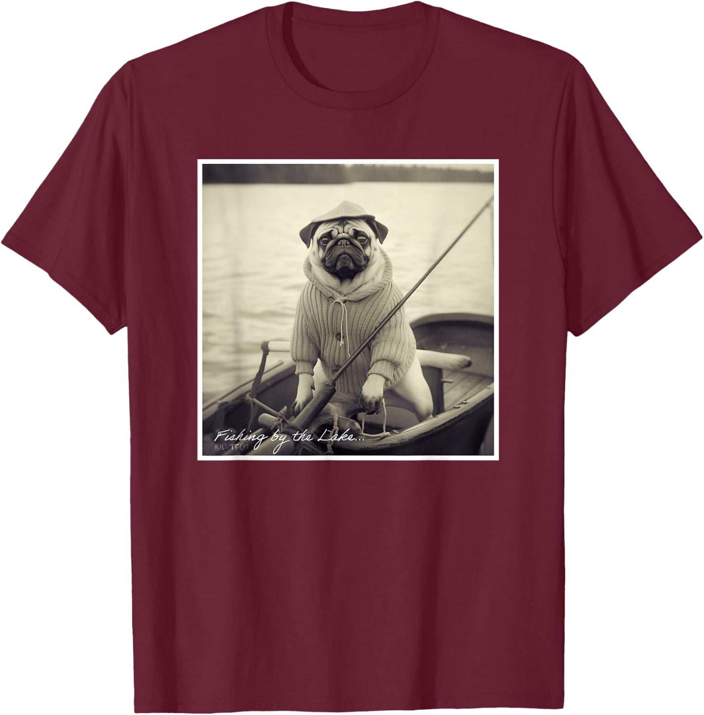 Funny Pug Fisherman on Boat Vintage Graphic T-Shirt - T-Shirt | Maroon