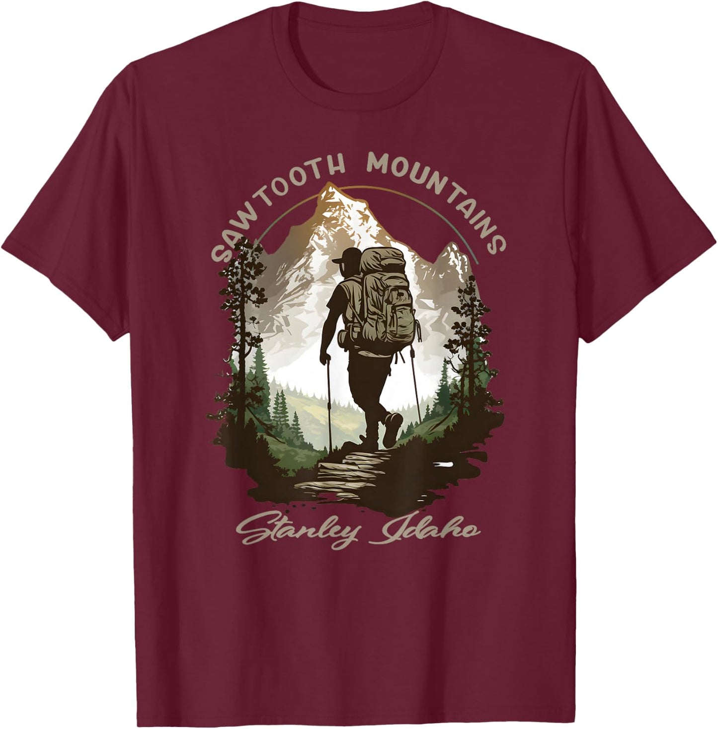 Sawtooth Mountains Stanley Idaho Hiking Scene T-Shirt - T-Shirt | Maroon