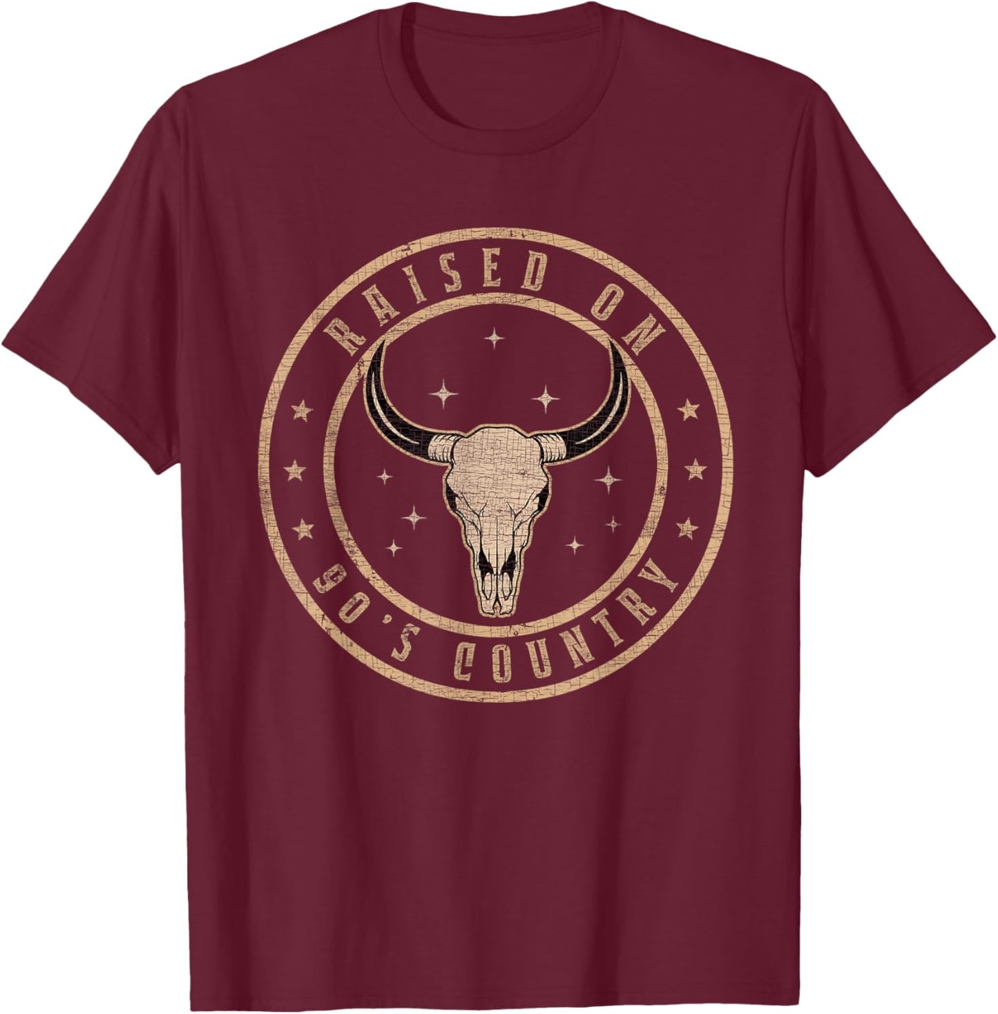 Raised On 90's Country Vintage Bull Skull Western Country T-Shirt - T-Shirt | Maroon