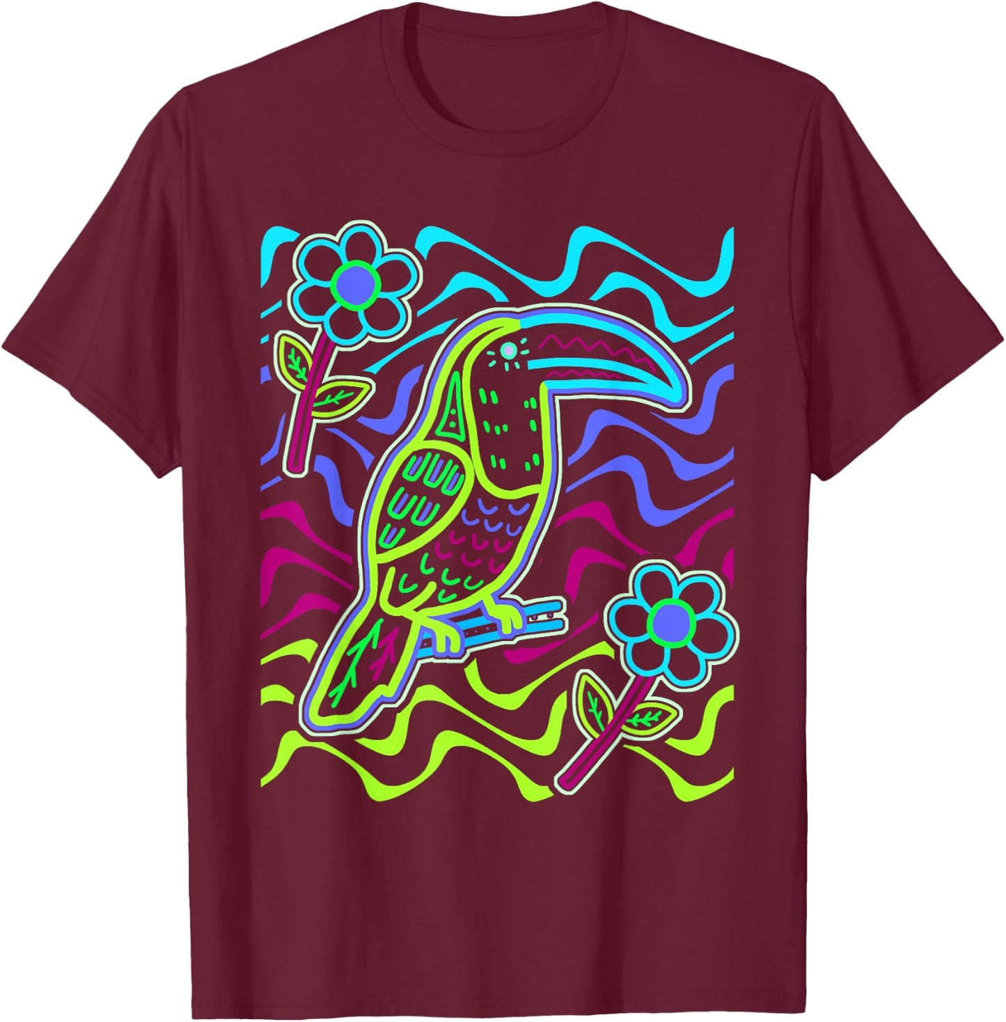 Toucan Bird Aracari Toucanet Mola Art by Panama Kuna Tribe T-Shirt - T-Shirt | Maroon