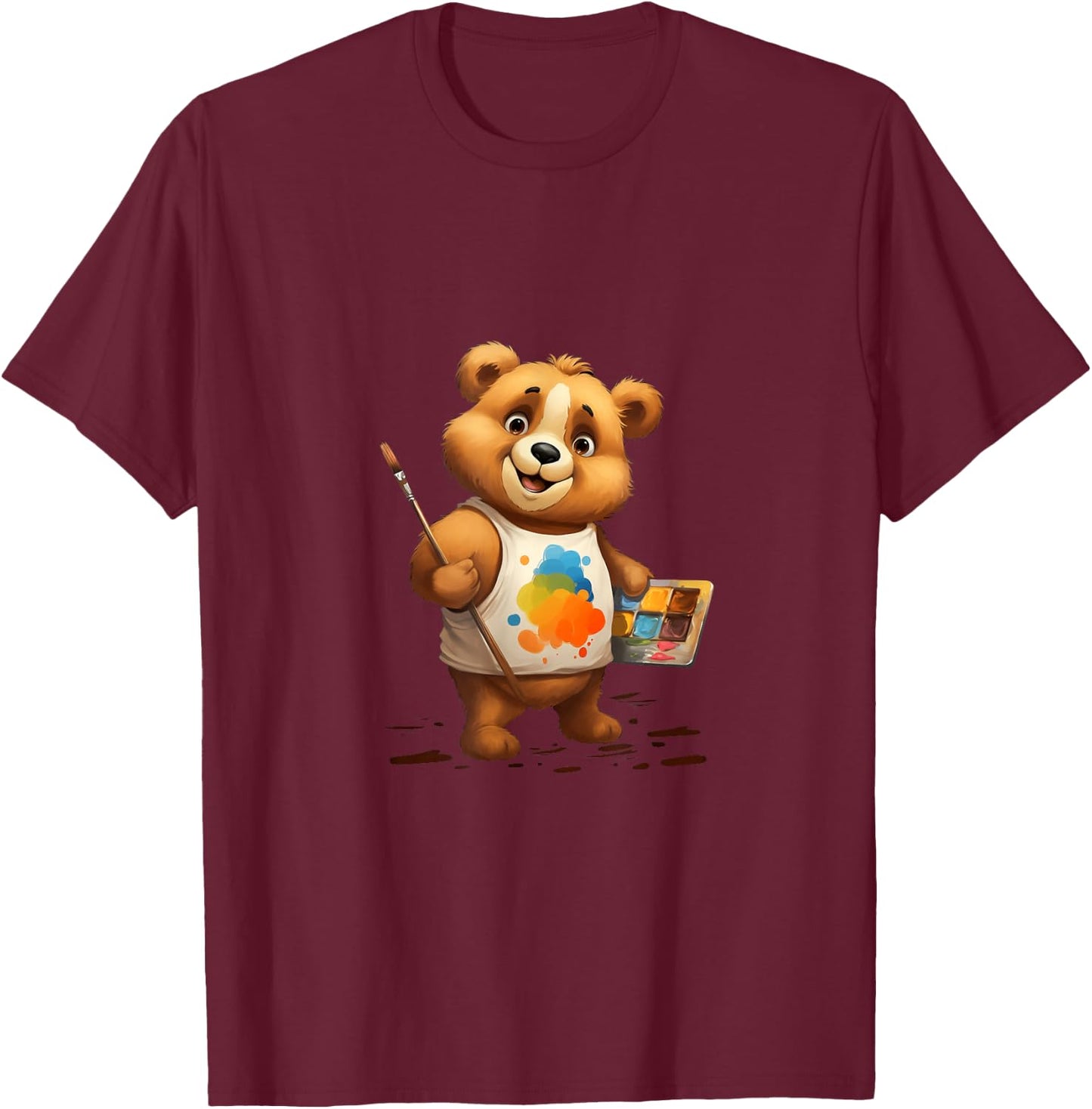 Bear Artist Painter Brush Palette Painting T-Shirt - T-Shirt | Maroon