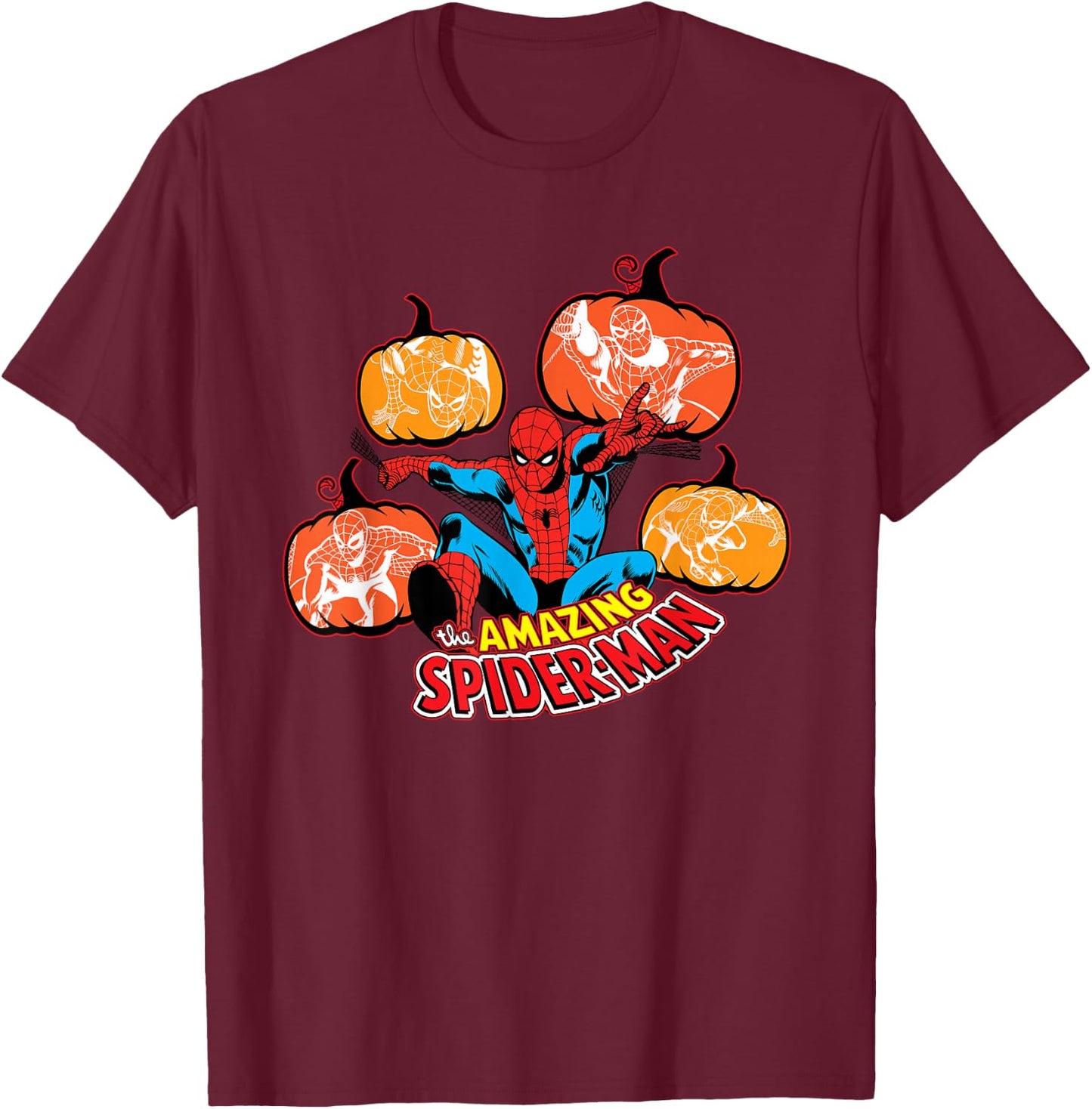 Marvel Amazing Spider-Man Halloween Fall Pumpkins Comic Art T-Shirt - T-Shirt | Maroon