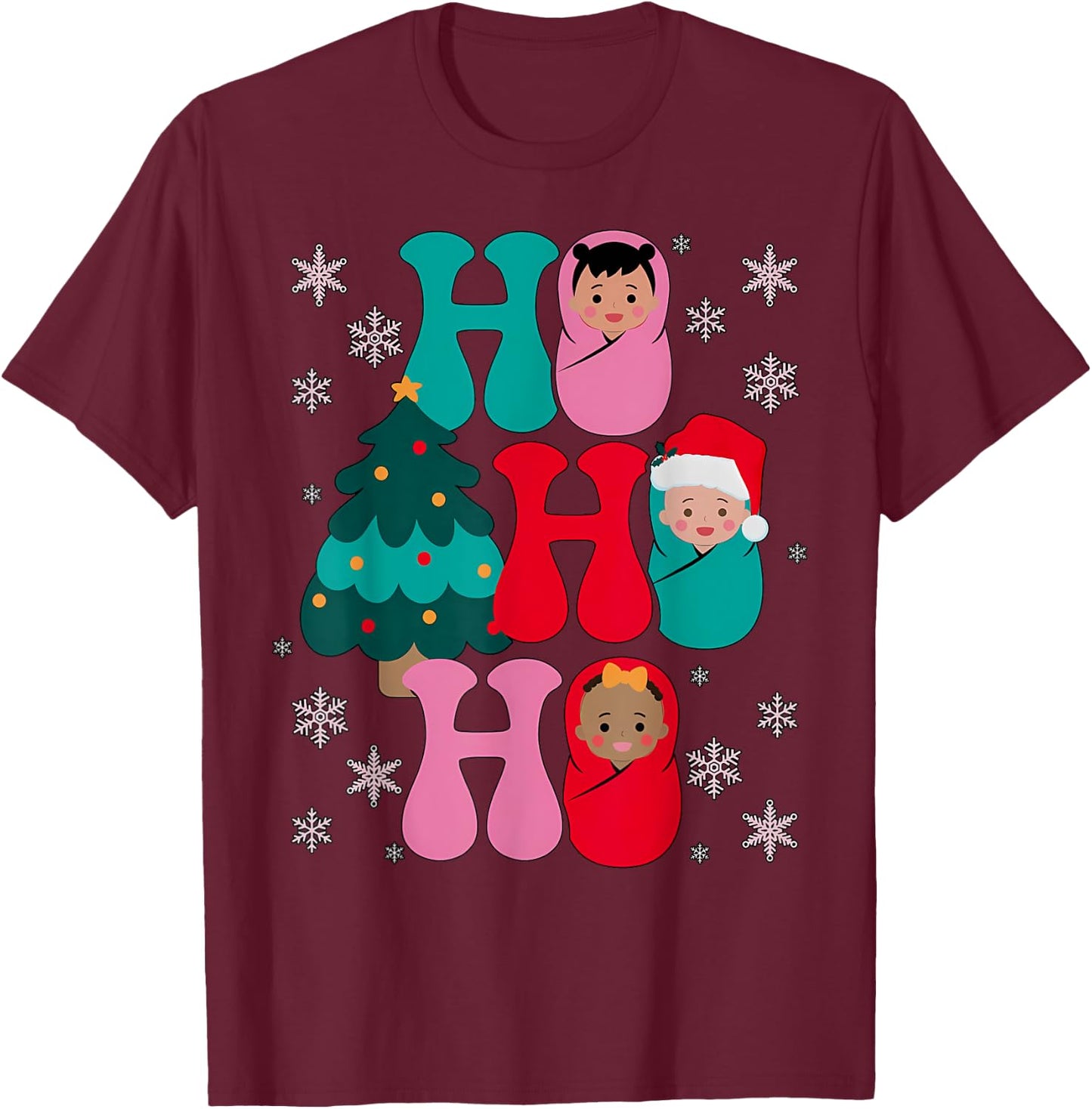 Ho Ho Ho Labor and Delivery Nurse Christmas Mother Baby T-Shirt - T-Shirt | Maroon