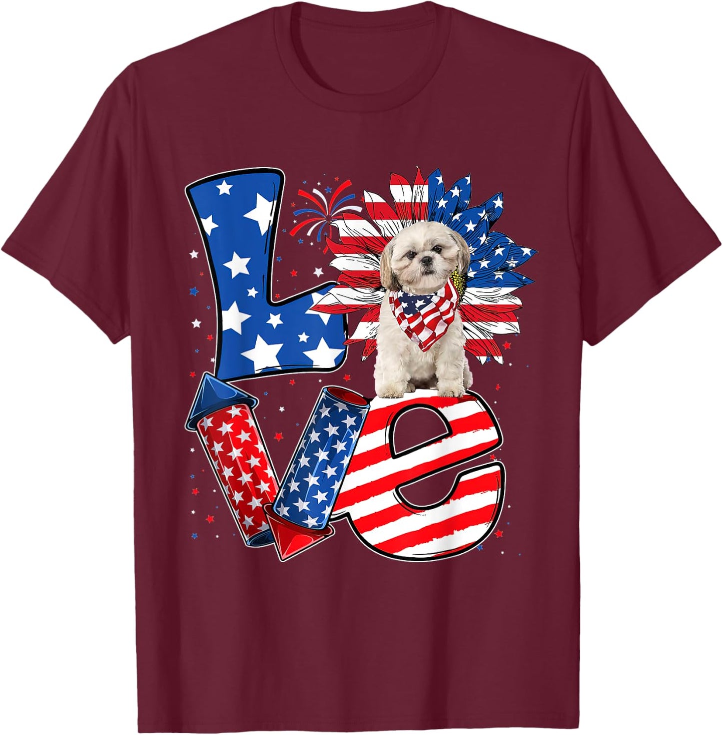 4th of July Decor Patriotic LOVE Shih Tzu Dog USA Flag T-Shirt - T-Shirt | Maroon
