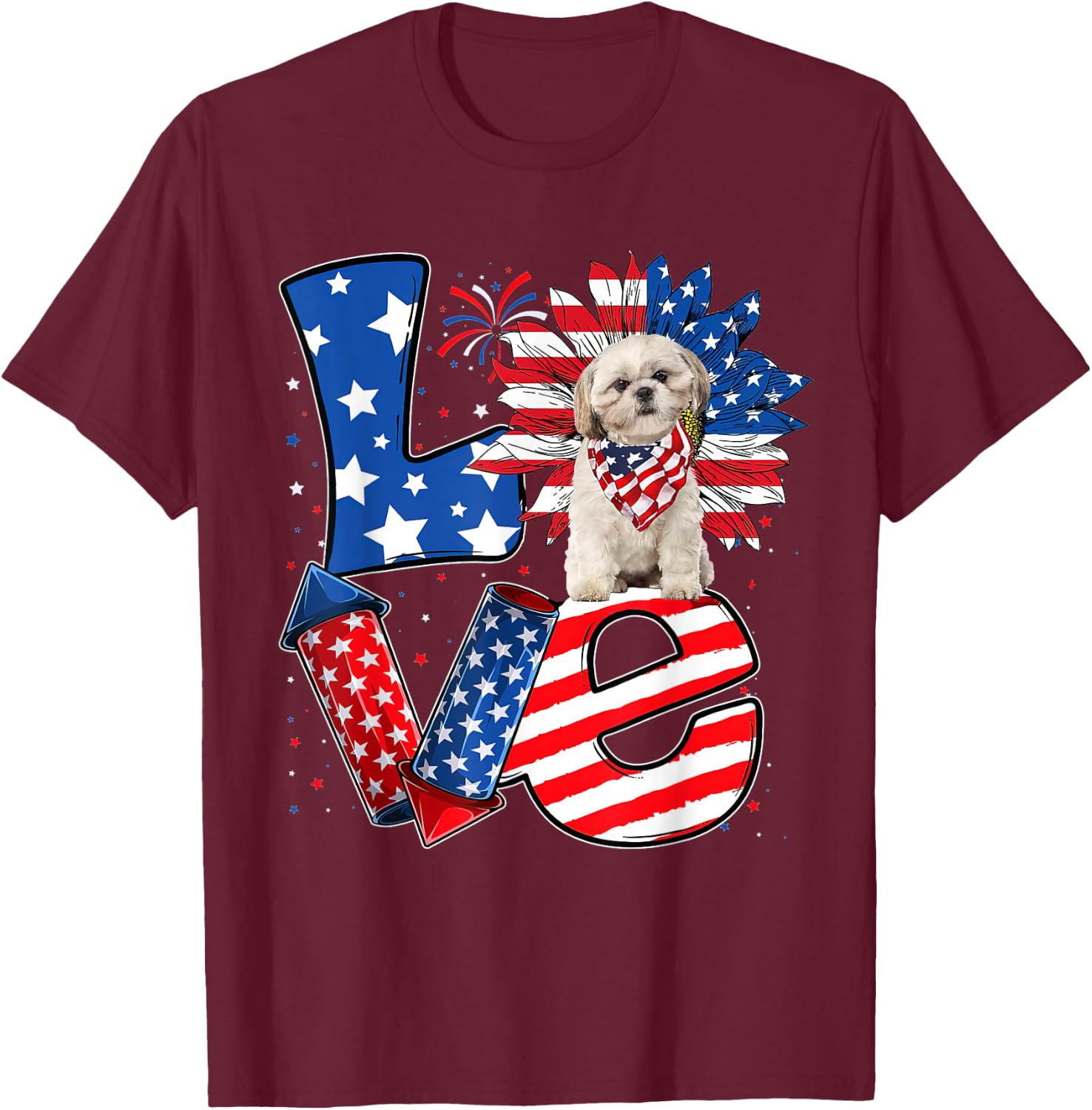 4th of July Decor Patriotic LOVE Shih Tzu Dog USA Flag T-Shirt - T-Shirt | Maroon