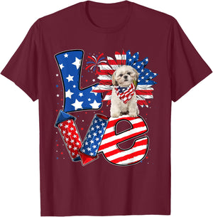4th of July Decor Patriotic LOVE Shih Tzu Dog USA Flag T-Shirt - T-Shirt | Maroon