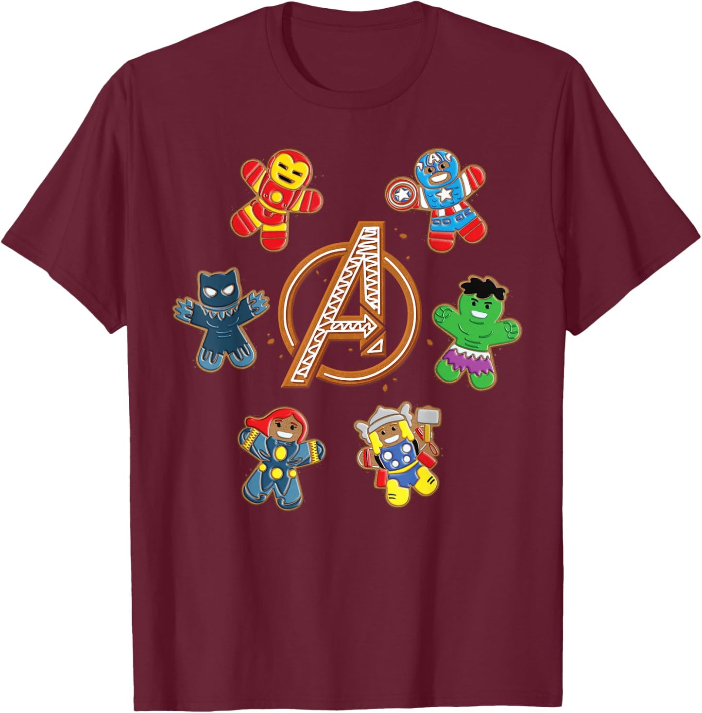 Marvel Avengers Holiday Christmas Gingerbread People & Logo T-Shirt - T-Shirt | Maroon