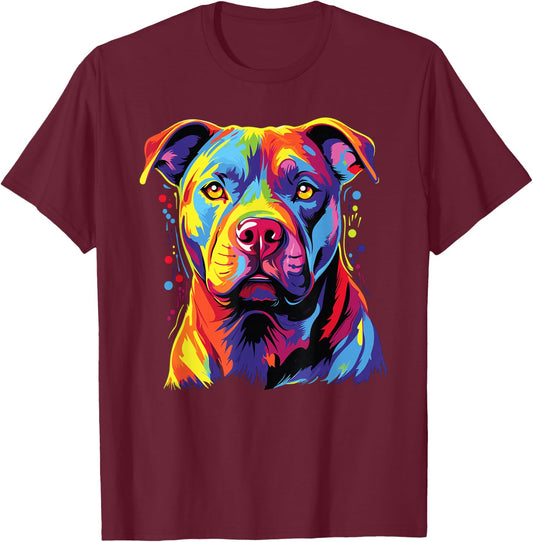 Watercolour Colourful Staffordshire Bull Terrier Dogs T-Shirt - T-Shirt | Maroon