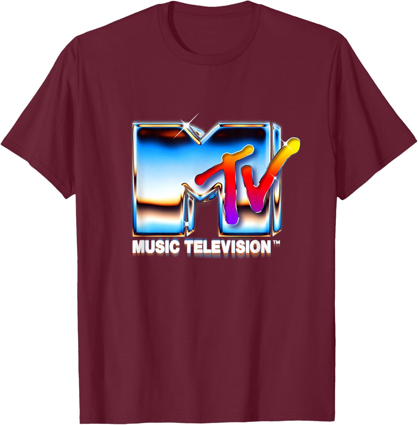 Mademark x MTV - MTV Logo 80s Rainbow Chrome Mirror Retro MTV T-Shirt - T-Shirt | Maroon