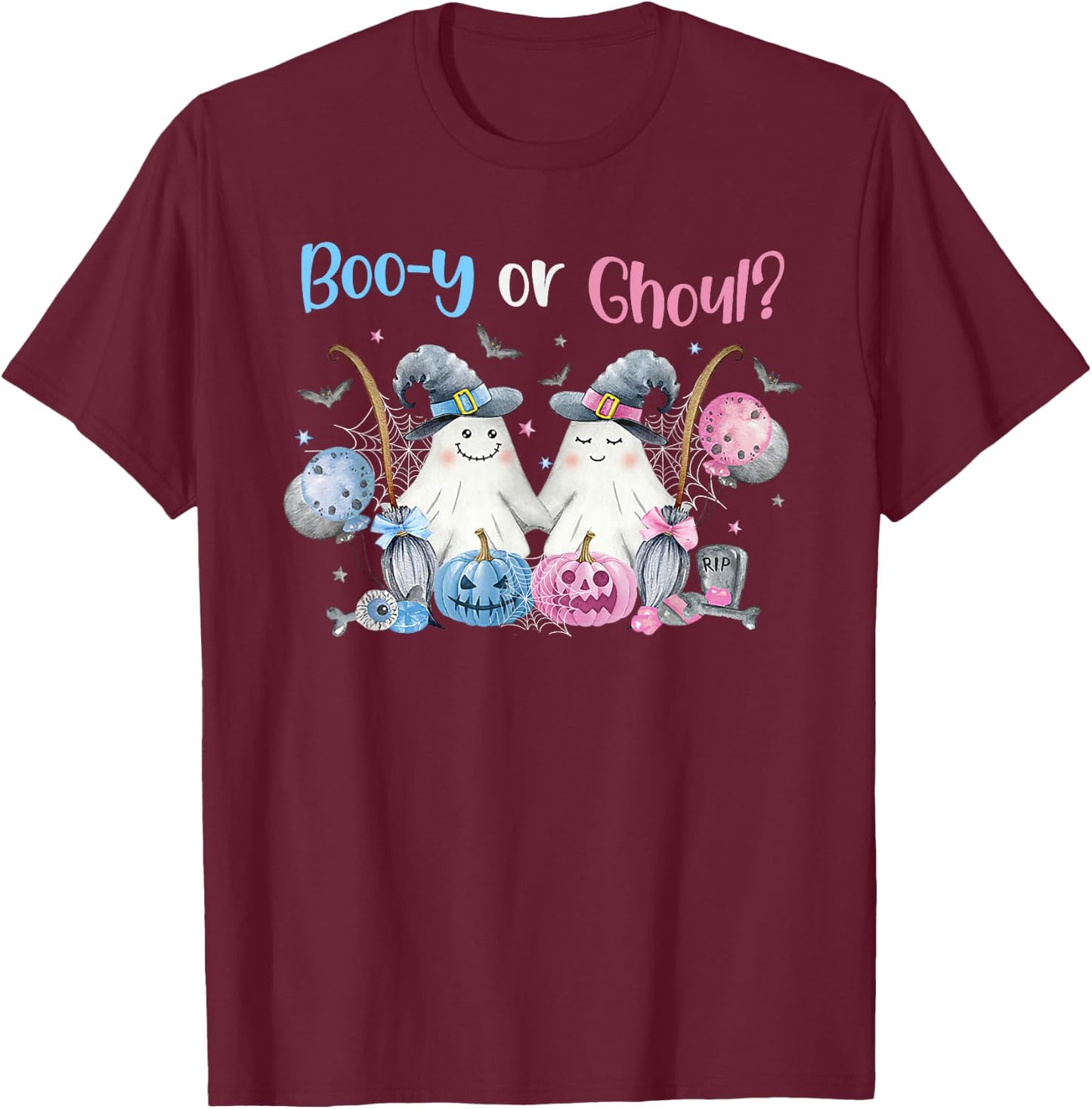 Cute Spooky Witch Ghost Boo-y or Ghoul Gender Reveal T-Shirt - T-Shirt | Maroon
