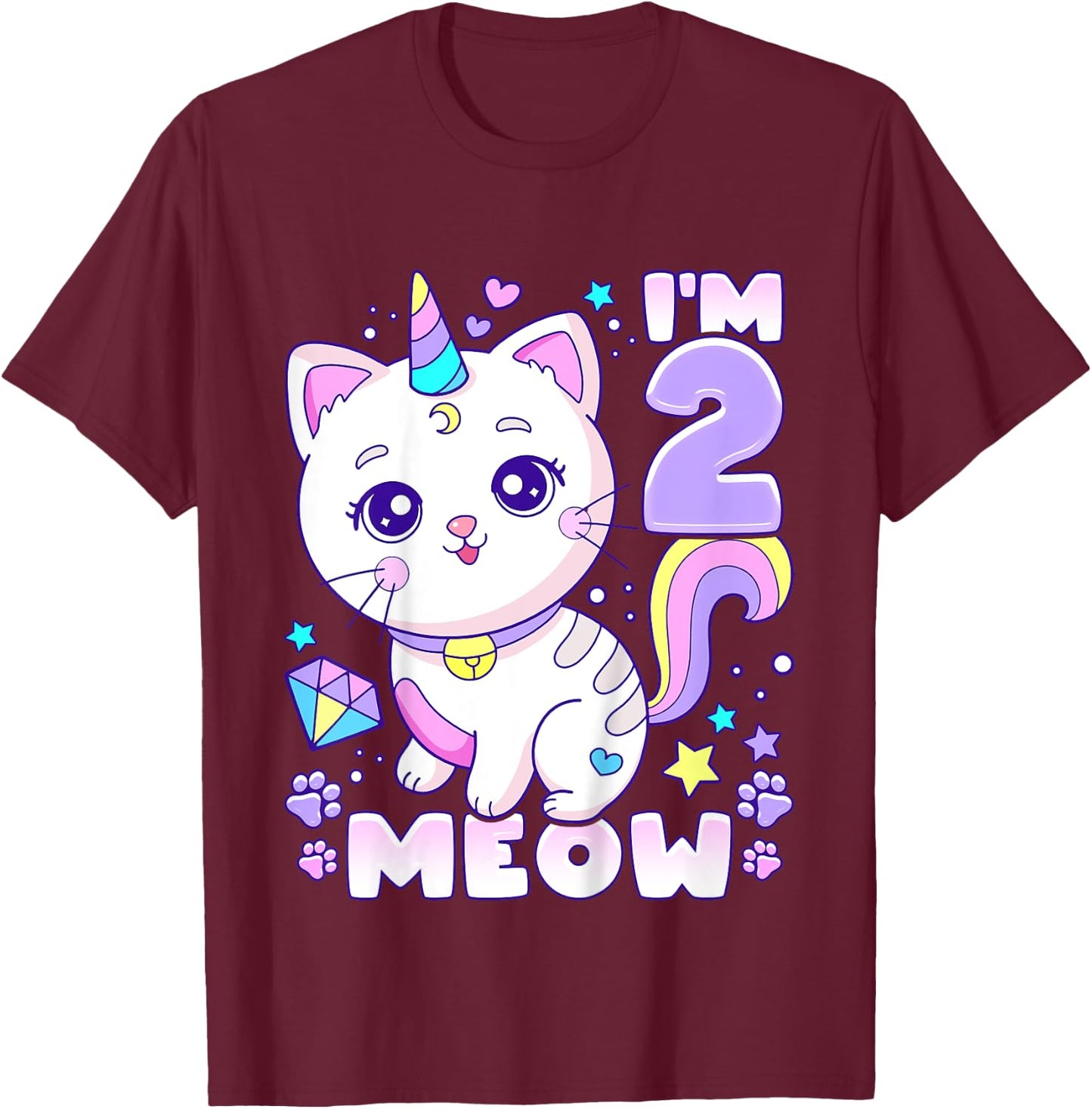 Birthday girl 2 years old, cat, unicorn, 2nd birthday T-Shirt - T-Shirt | Maroon