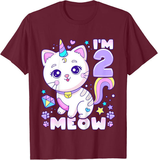 Birthday girl 2 years old, cat, unicorn, 2nd birthday T-Shirt - T-Shirt | Maroon