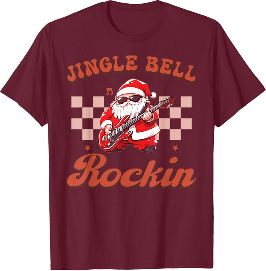 Jingle Bell Rocking Cute Christmas Rock n Roll Guitar Retro T-Shirt - T-Shirt | Maroon