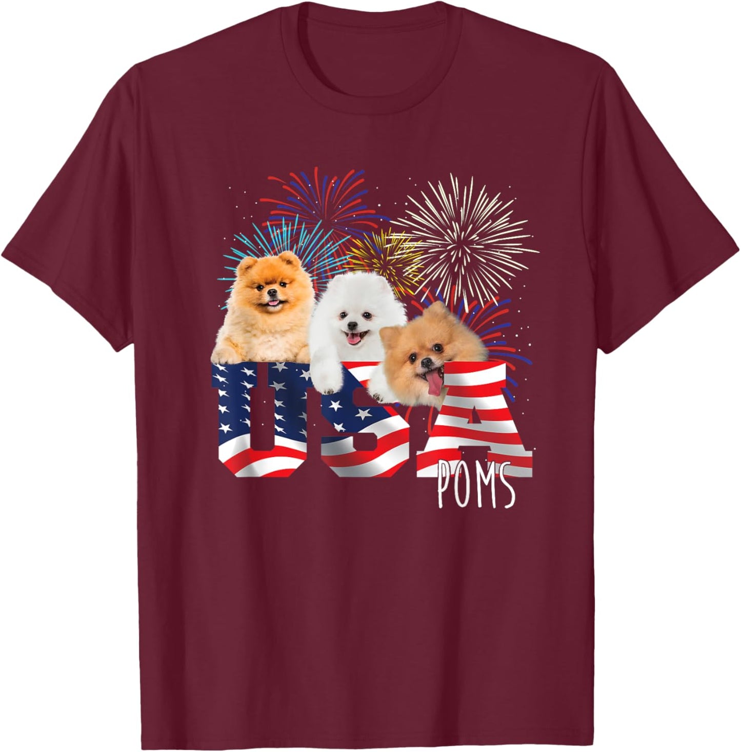 USA Poms - American Flag Patriotic Dog Lover Pet Owner Puppy T-Shirt - T-Shirt | Maroon