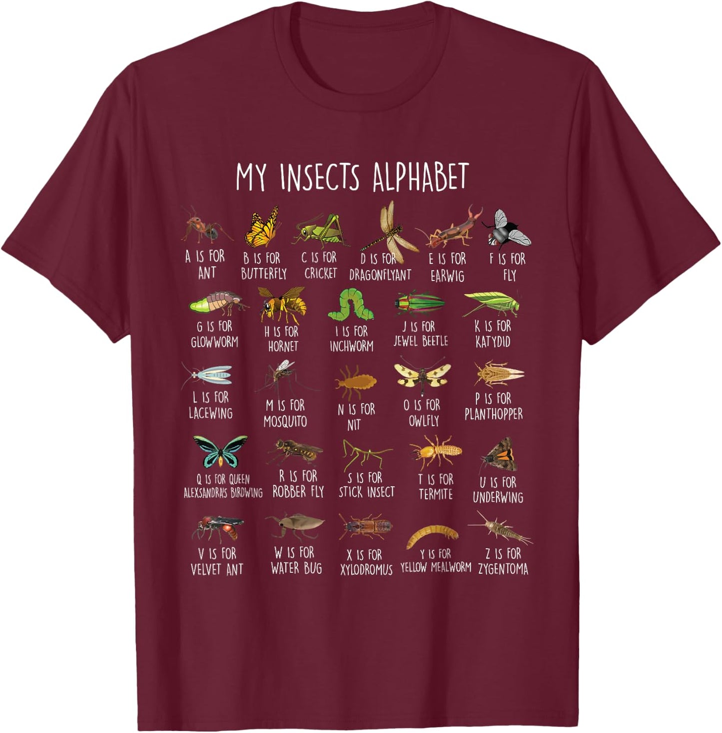 Types Of Insects Alphabet A-Z Identification T-Shirt - T-Shirt | Maroon