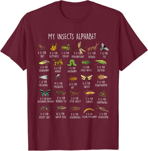 Types Of Insects Alphabet A-Z Identification T-Shirt - T-Shirt | Maroon